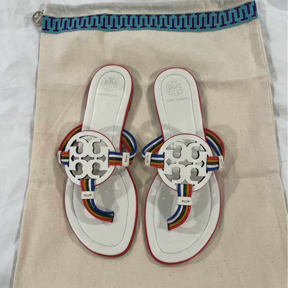 NEW Tory Burch Mignon White Rainbow Multi color Miller Sandals size 7.5